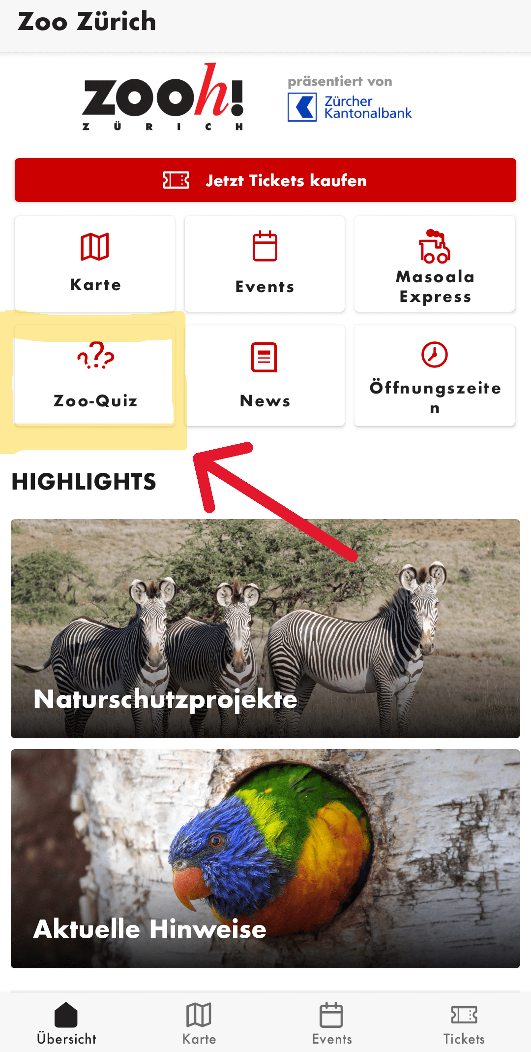 Screenshot der Startseite der Zoo-App mit Markup zur Lokalisierung des Zooquiz.