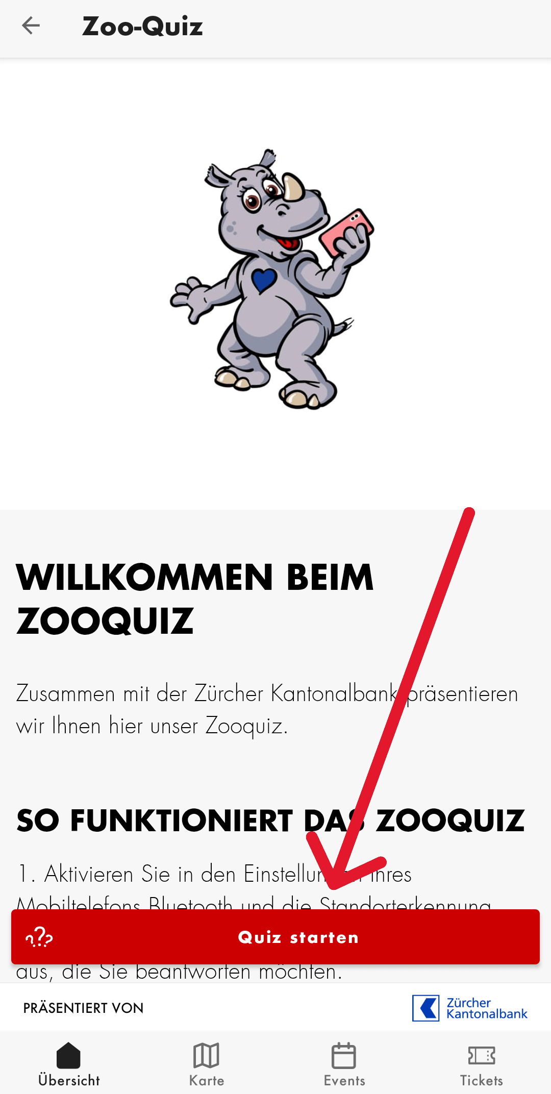 Screenshot der Startseite für das Zooquiz in der Zoo-App.