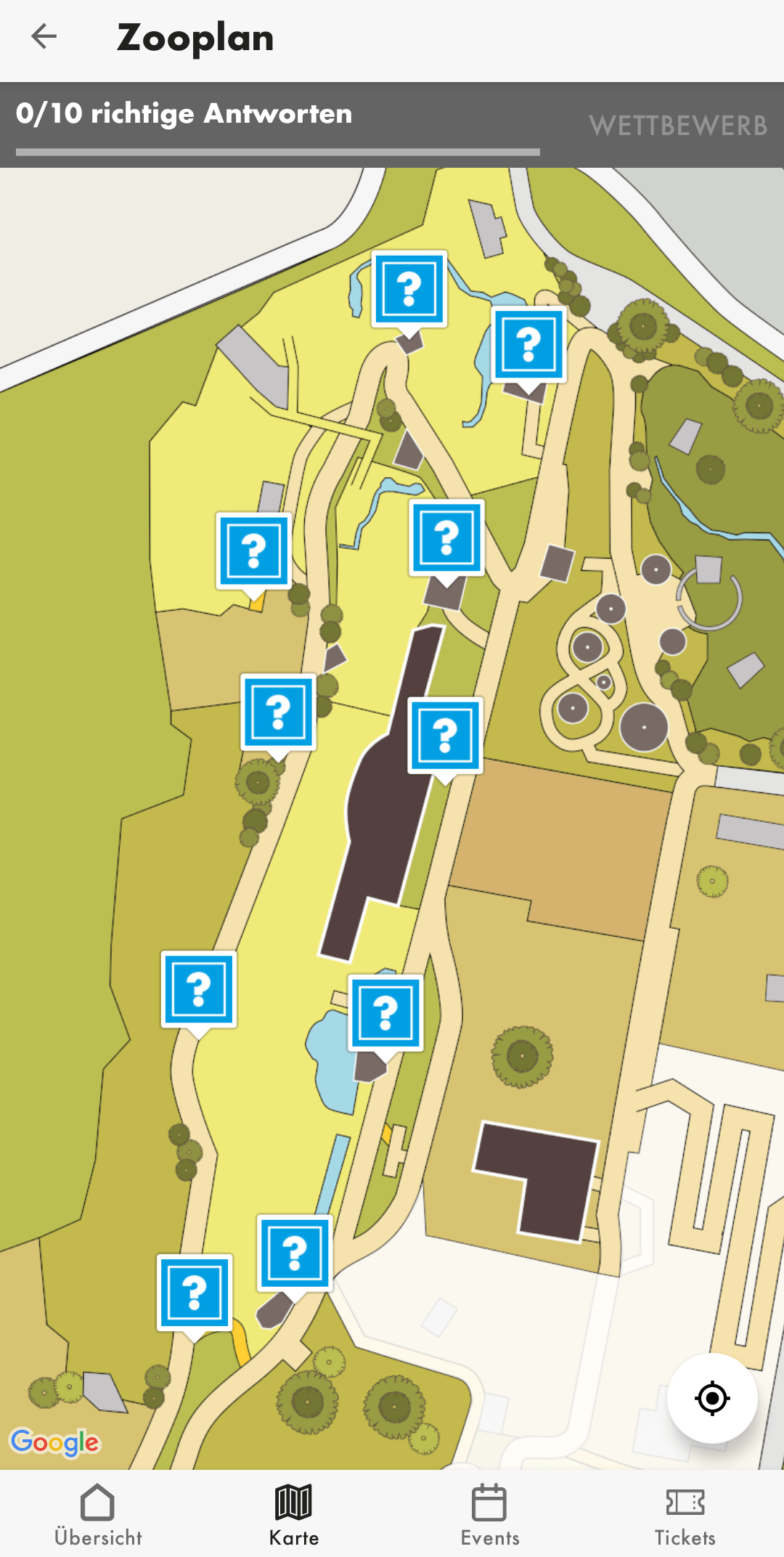 Screenshot des Zooplans mit den Zooquiz-Icons in der App des Zoo Zürich.