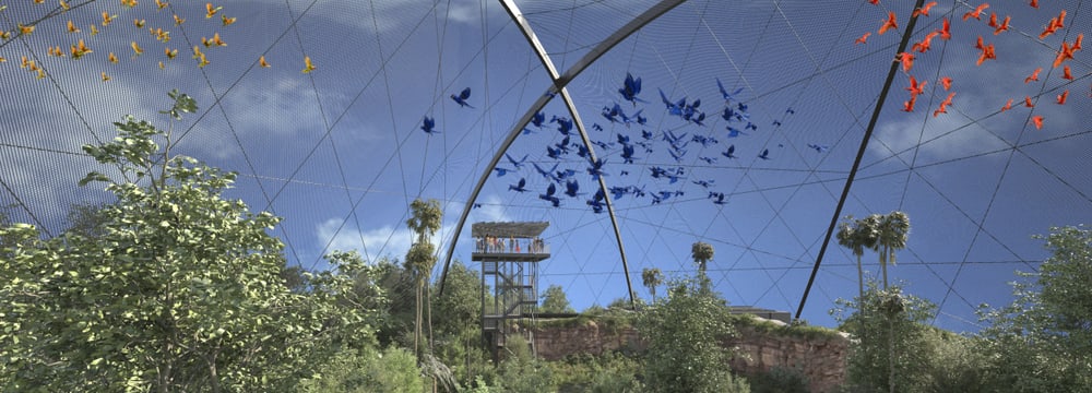 Rendering der geplanten Pantanal Voliere im Zoo Zürich, Blick auf den Aussichtsturm.
