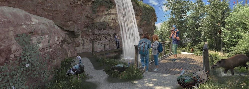 Rendering der geplanten Pantanal Voliere im Zoo Zürich, Blick auf den Wasserfall.
