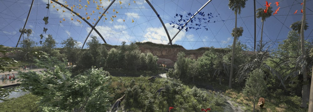 Rendering der geplanten Pantanal Voliere im Zoo Zürich, Blick aus dem Baumhaus.