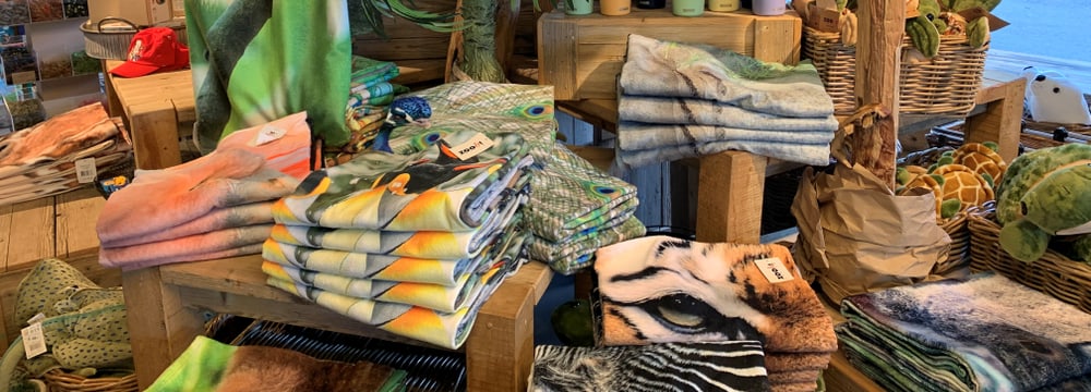 Promotionstisch «Strandtücher» in den Zooshops vom Juni 2023.