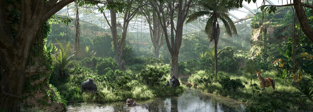 Rendering zum Bauprojekt Ndoki Wald, Stand März 2025.