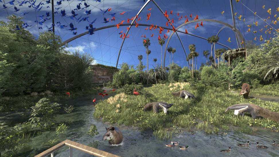 Rendering der geplanten Pantanal Voliere im Zoo Zürich, Blick auf die Sumpflandschaft.
