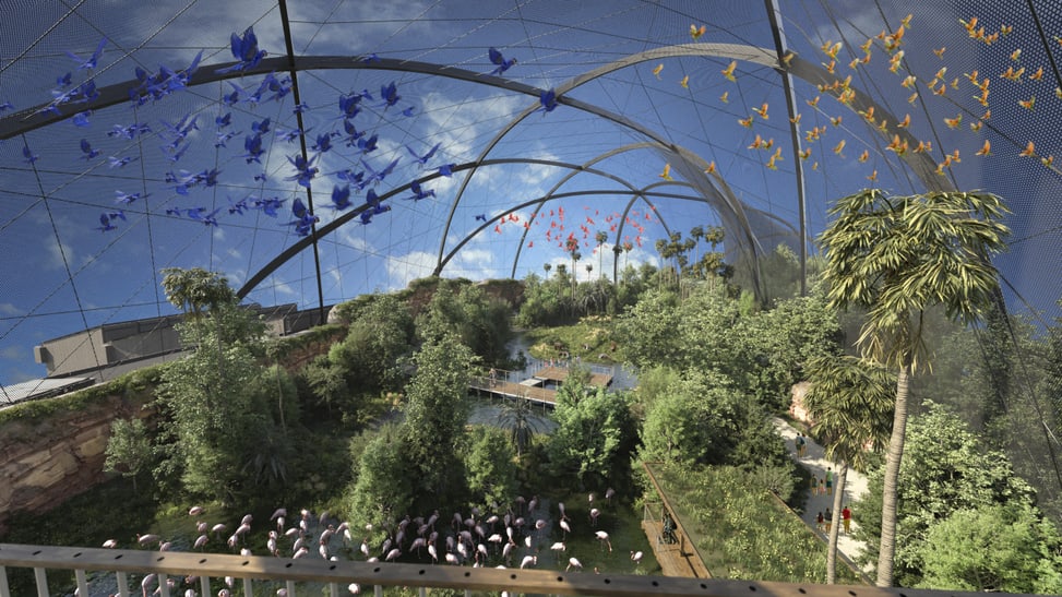 Visualisierung der geplanten Pantanal Voliere im Zoo Zürich, Sicht vom Turm.