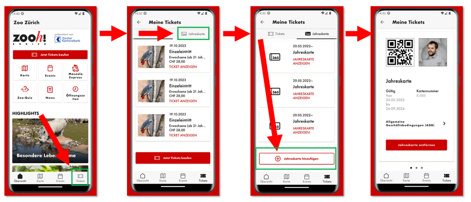 Anleitung zum Hinzufügen der Jahreskarte zum Zoo-Benutzerkonto in der Zoo-App.