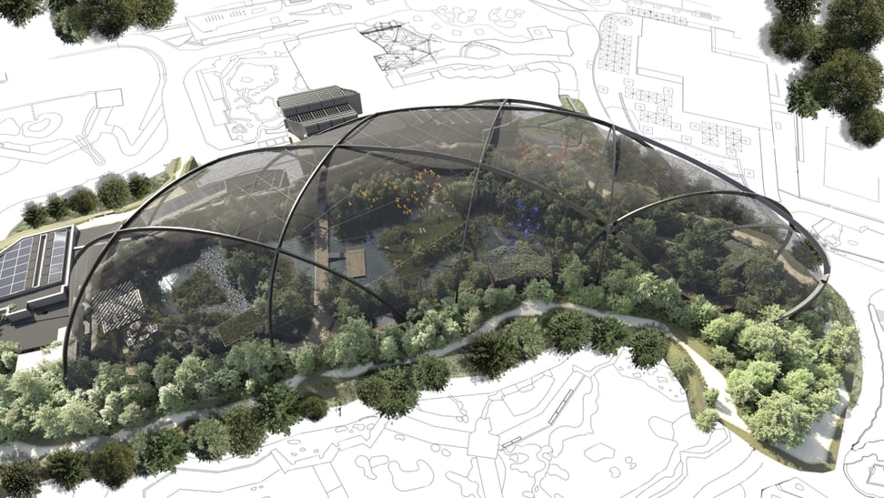 Rendering der Pantanal Voliere, Aussenansicht, Stand 2024.