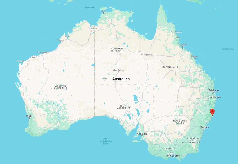 Screenshot Weltkarte Australien mit Pin auf Cowarra.