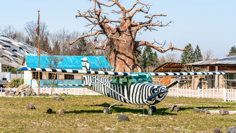Lewa Savanne Zoo Zürich mit Flugfeld und Lewa-Dorf.
