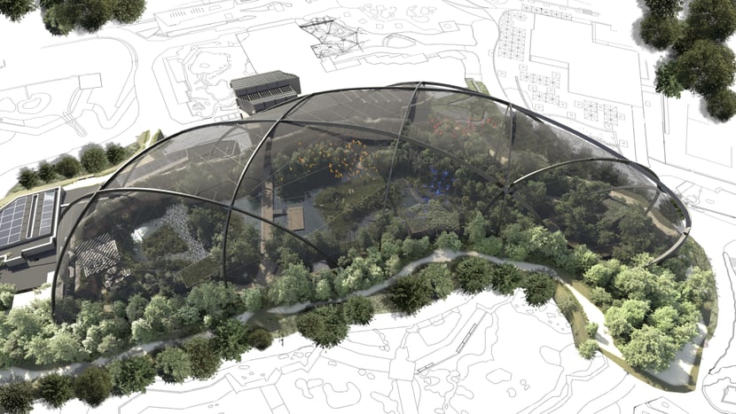 Rendering der Pantanal Voliere, Aussenansicht, Stand 2024.