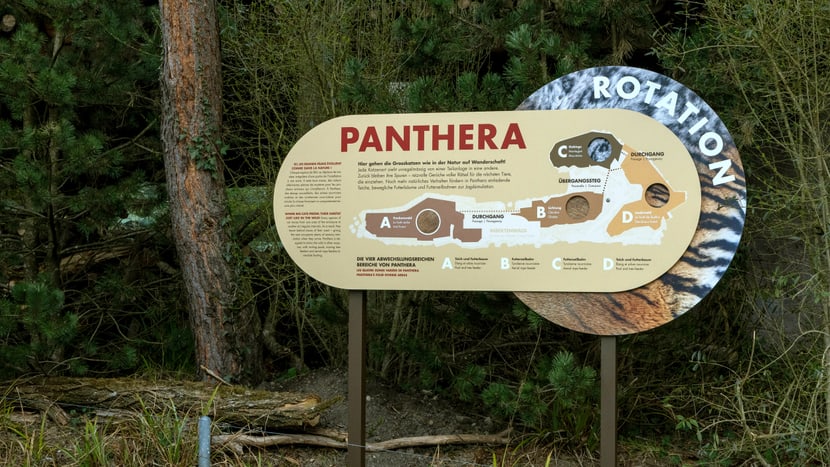 Informationstafel zum Rotationsprinzip im Grosskatzen-Lebensraum Panthera des Zoo Zürich.