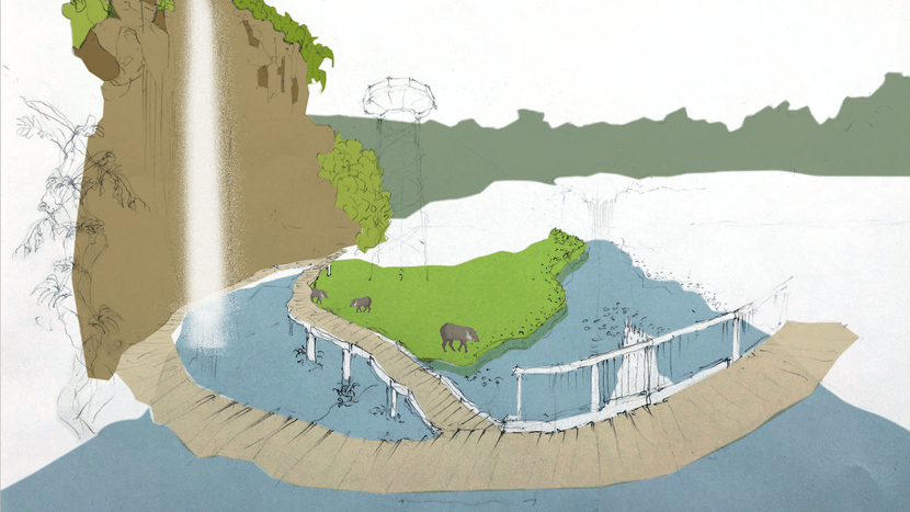 Visualisierung der Spendenobjekte Besuchersteg und Erlebnissteg beim Wasserfall in der Pantanal Voliere.